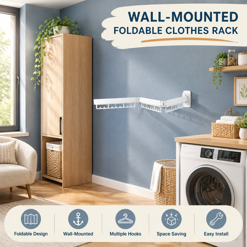 Séchoir à linge mural pliable et rétractable blanc pour la lessive intérieure ou extérieure dans les balcons, les chambres et les salles de bain