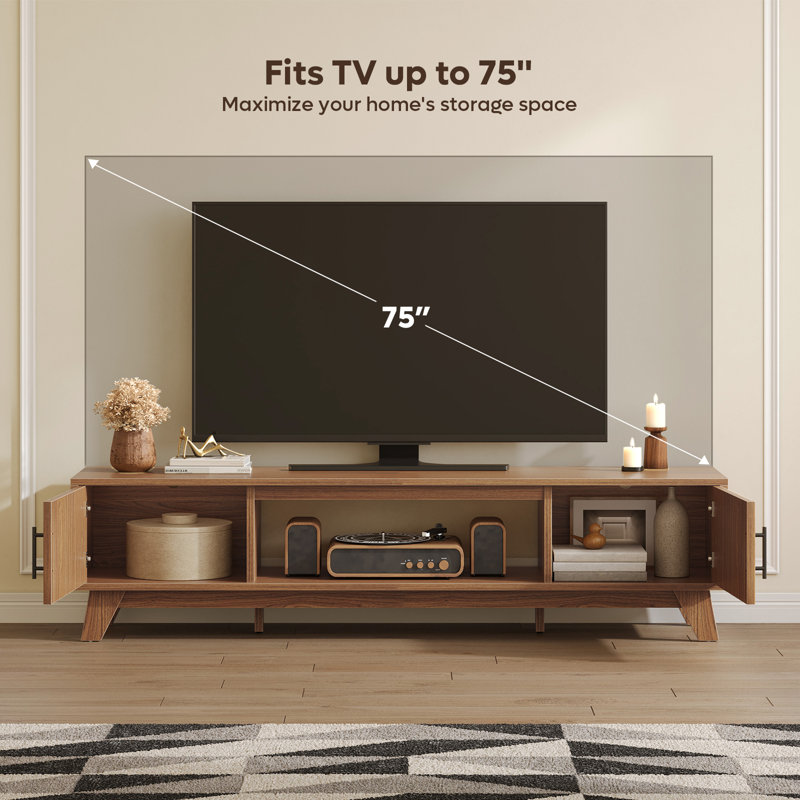 70" Mid Century Modern TV Stand for 75" TV, Modern Entertainment Center with Fluted Storage Cabinet & Open Shelf , Walnut