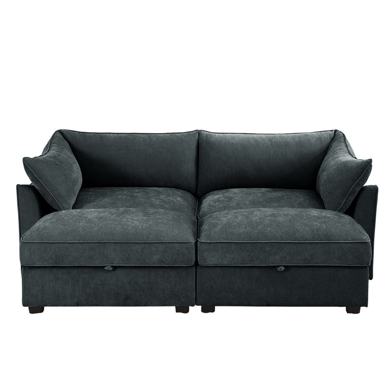 2 places avec repose-pieds, tiroir de rangement escamotable dans chaque siège, tissu en chenille doux et lisse au toucher, intérieur gris de style moderne - siège sous les coussins de l'accoudoir enveloppant, aménagement intérieur diversifié