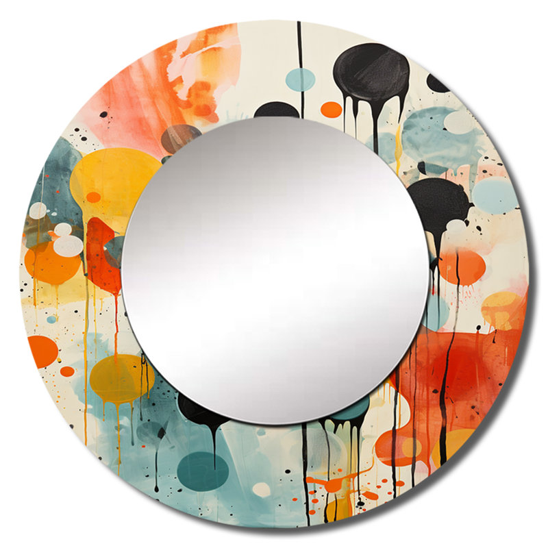 Coloré Mid Century Atomic Abstraction I - grand miroir mural moderne Mid-Century, miroir décoratif rond de style Mid-Century, impression sur métal