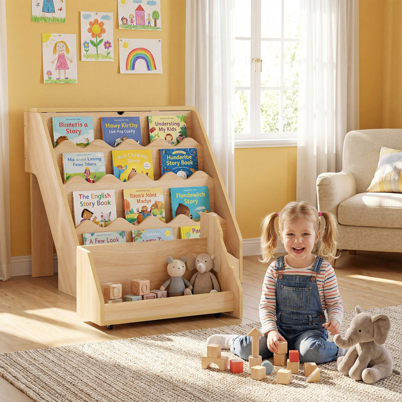 Organisateur de rangement pour enfants avec chariot à tiroir à roulettes, étagère à livres à 4 niveaux pour enfants, Beige