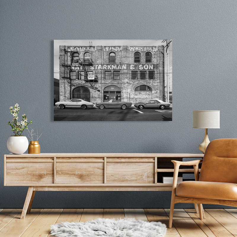 Urban Landscape With Muscle Cars (B&W) by Gasoline - Wrapped Canvas Print, 70cm H x 100cm W x 4cm D