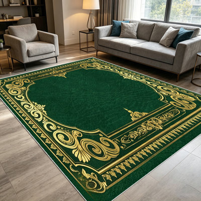 1PC Vintage Emerald Green Gold Baroque Scroll Embossed area rugs for Living Room, Soft and Comfortable, Suitable for all seasons, easy-to-maintain, machine washable Indoor floor mat, Under Table Farmhouse suitable for Dining Room, Bedroom, Entryway,
