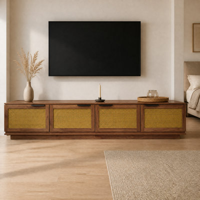 Modern Rattan Door TV Stand Walnut Media Console 78 Inch Entertainment Unit