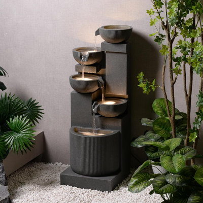 39.76” H 5-Tiers Cascading Bowls Outdoor Water Fountain Made With Eco-Friendly Recyclable Materials, Polyethylene Waterfall Fountain, Outdoor Decor With LED Lights For Patio, Backyard (39.76")