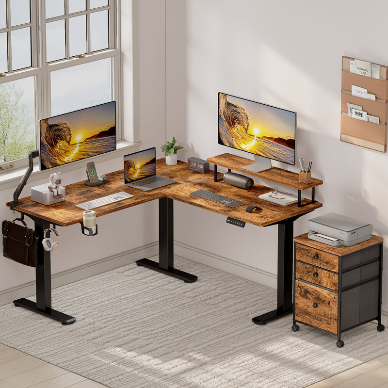 Bureau debout électrique en L à hauteur ajustable 59 po x 59 po avec rehausse, Brun / Noir