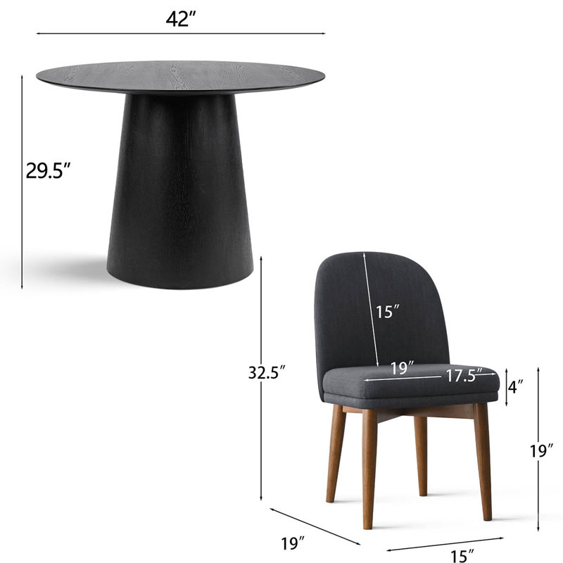5-Piece Round Dining Table Set For 4, Charcoal Linen Blend