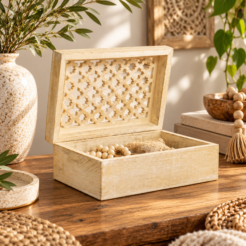 Boîte de rangement décorative en bois beige, fabriquée à la main, avec couvercle, H 3,5 po x l 9 po x P 6 po, Beige