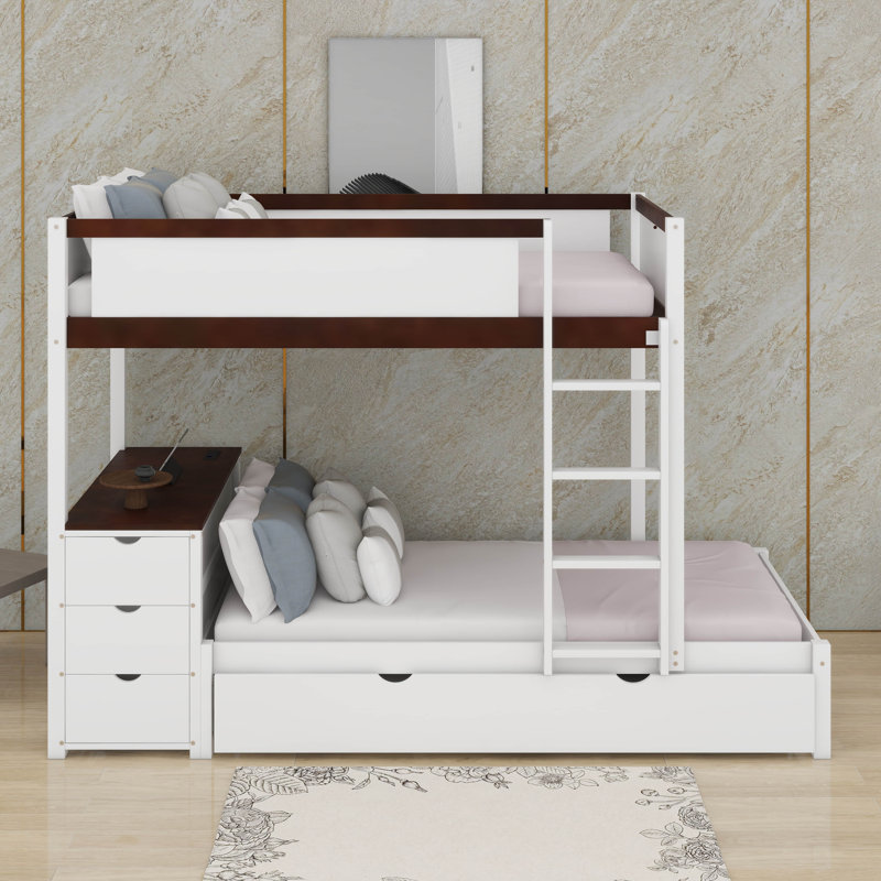 Twin Over Twin Bunk Bed With Trundle And Desk, White/Walnut