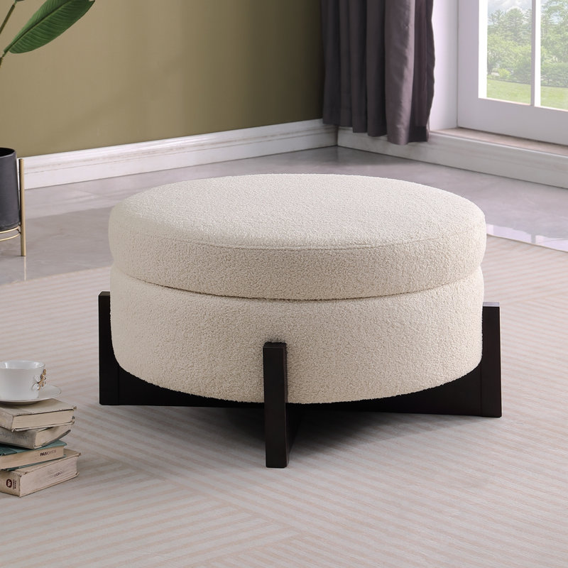 Repose-pieds rond élégant avec rangement à l'intérieur, pieds pliables en chêne, beige.