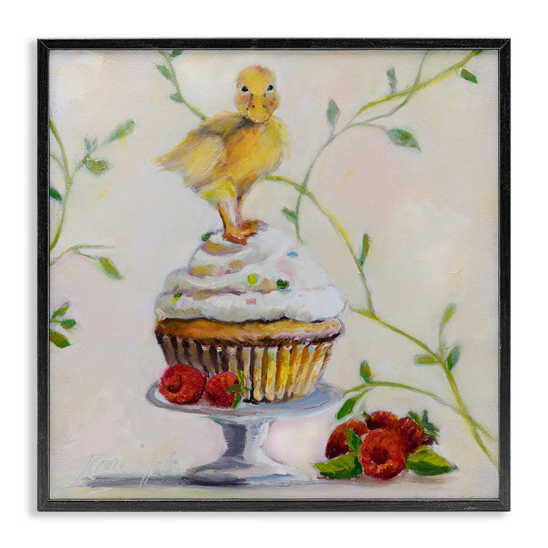 «Baby Duck on Raspberry Cupcake Dessert», reproduction d'art graphique, H 12 po x l 12 po, Giclée encadrée noir minuit