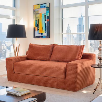 56"Memory Foam Loveseat Compression Sofa For Living Room - No Assembly, Convertible 2-In-1 Design, Corduroy Fabric - Compact Couch For Small Spaces, Apartments, Home Office & Bedroom(Orange)