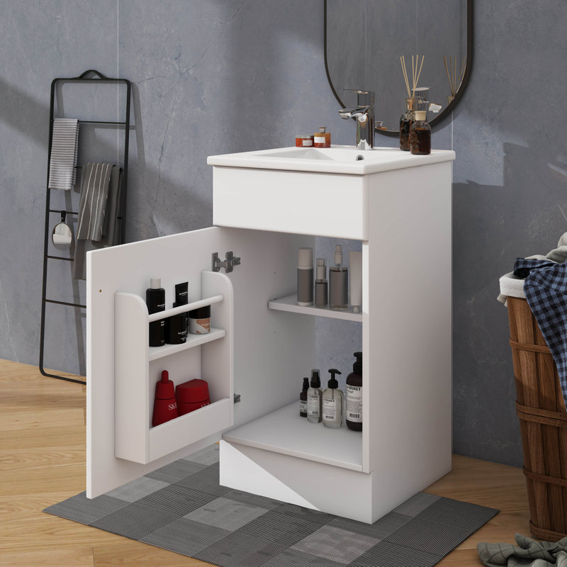 Meuble-lavabo 18 po avec lavabo, meuble-lavabo avec tablette de porte et tablette réglable, Blanc, Nickel brossé