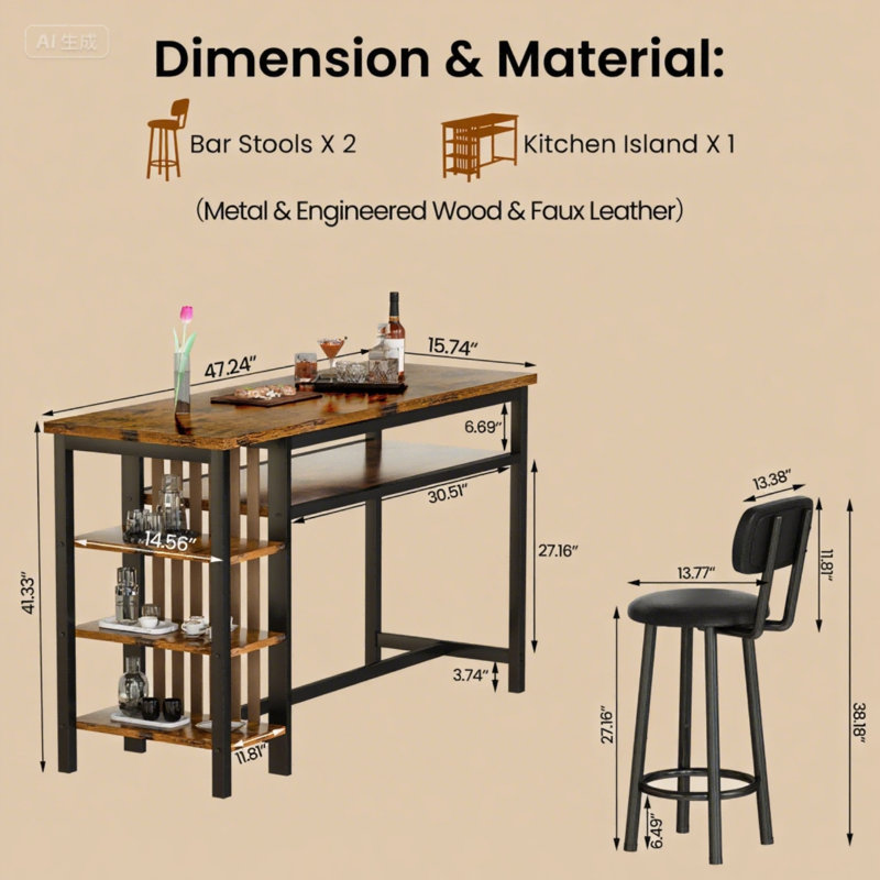 Bar Table Set For 2 With 4 Storage Shelves, 47" Industrial Breakfast Table And 2 Upholstered  Counter Stools W/ Backrest And Footrest, 3-Piece Dining Set For 2, Space Saving Bar Height Table And Chairs For Kitchen,Dining Room, Living Room, Studio, Pub