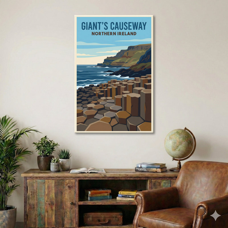 Giant's Causeway, Northern Ireland - Romantic Poster of Antrim Coast Basalt Columns. Giclee Print on Wrapped Canvas. Wall Art, Home Decor - Natural Landmarks, Northern Ireland 1 Piece Wrapped Canvas Wall Art