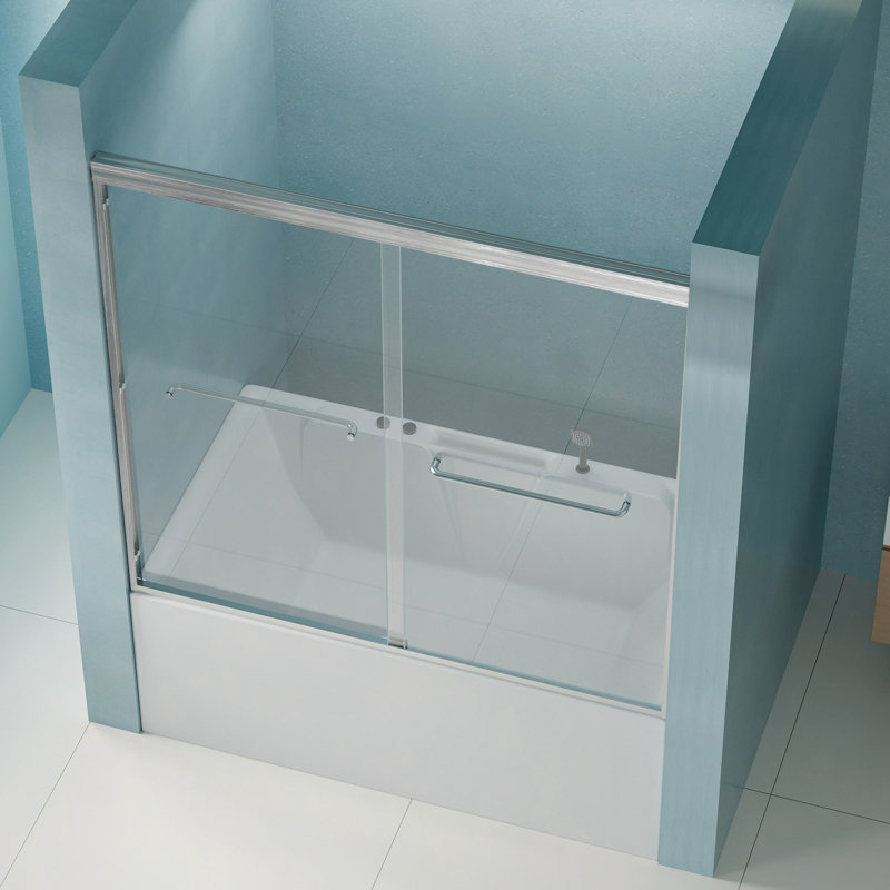 56"-60" W X 58" H Double Sliding Bathtub Shower Door, Semi-Frameless Bypass Tub Door, 1/4" (6Mm) Tempered Glass With Explosion-Proof Film, Adjustable Aluminum Alloy Frame