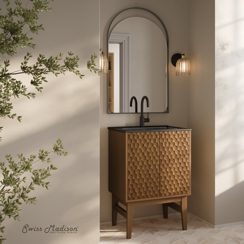 Bosse 24" Freestanding Bathroom Vanity in Brown Oak with Black Sink Top, Brown Oak, Black, Single-Hole