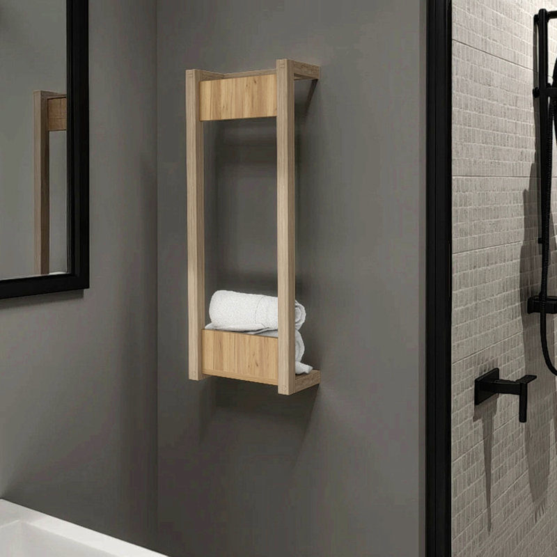 Towel Rack, Wall-Mounted Design, Open Vertical Frame, Integrated Lower Shelf For Folded Towels, Sturdy And Lightweight Structure, Natural Oak