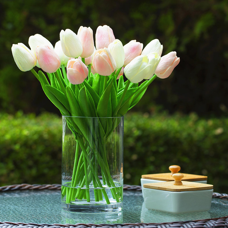 Silk Tulip Arrangement in Vase, White Pink