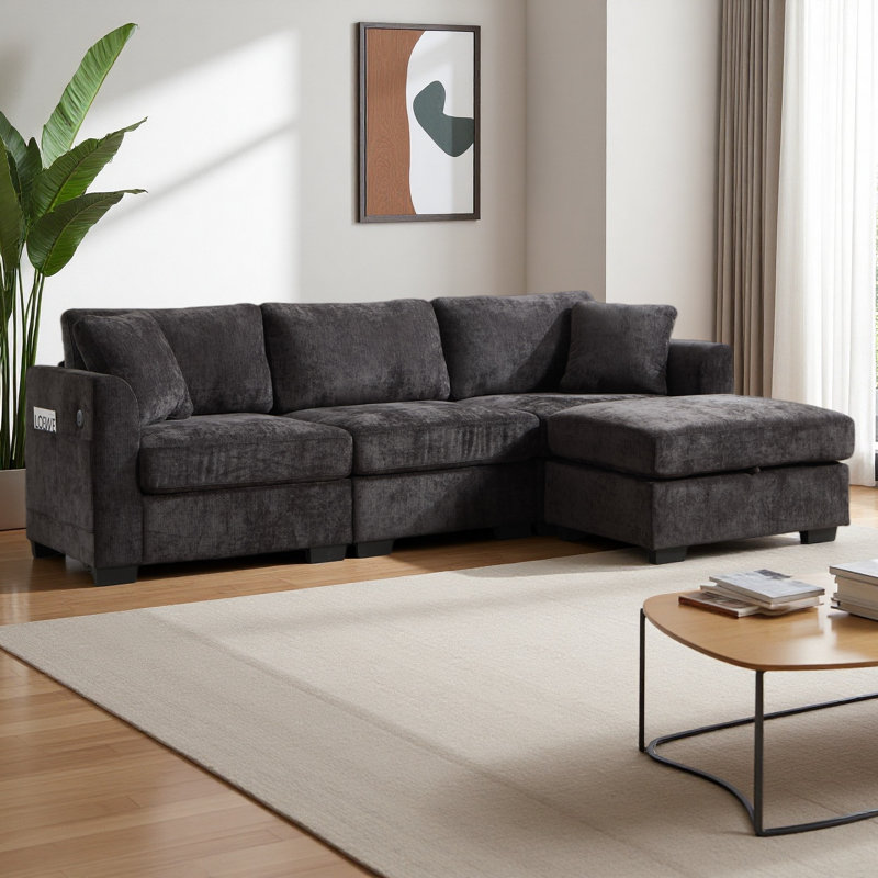Modern Storage Sofa With Dual USB, 2 Side Pockets,Ottoman Storage Bench Cloud Sectional Chenille Sofa Oversized,4-Seat, L-Shaped Couch