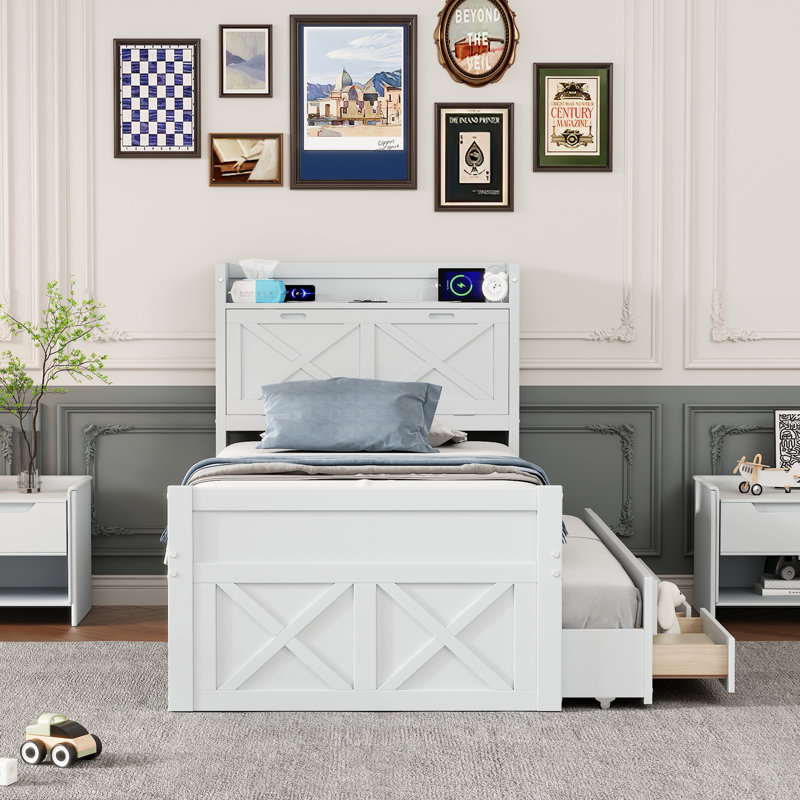 Lit simple en bois avec tête de lit avec prises de courant, lit extensible avec lit gigogne simple avec trois tiroirs de rangement