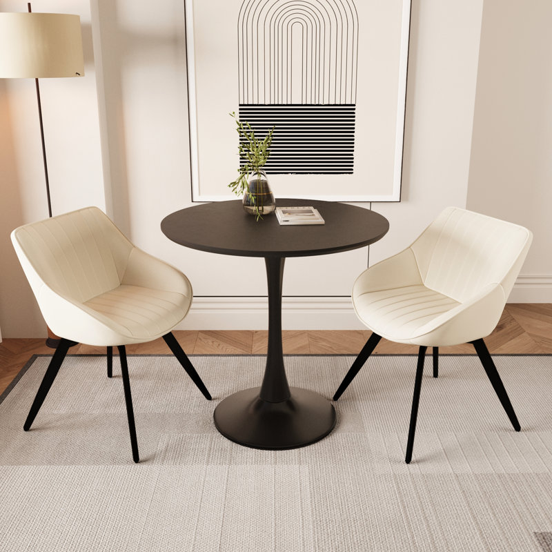 Repas pour 2 à 4 personnes: table ronde tulipe de 31,5 po et chaises en polyuréthane noir, cuisine en cuir synthétique moderne style Mid-Century