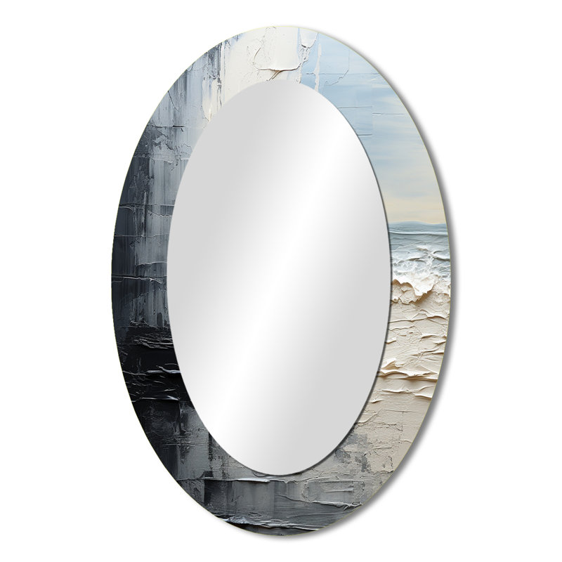Abstract Cream And Black Liquid Paint II - Cream Oval Wall Mirror Decor, 36" x 24"