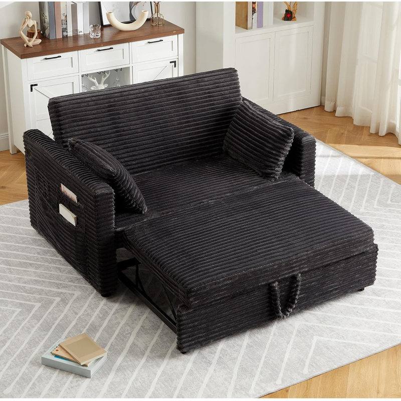 Canapé-lit 48 po Corduroy avec dossier réglable, ports de charge et lit escamotable pour salon, appartement, Gris