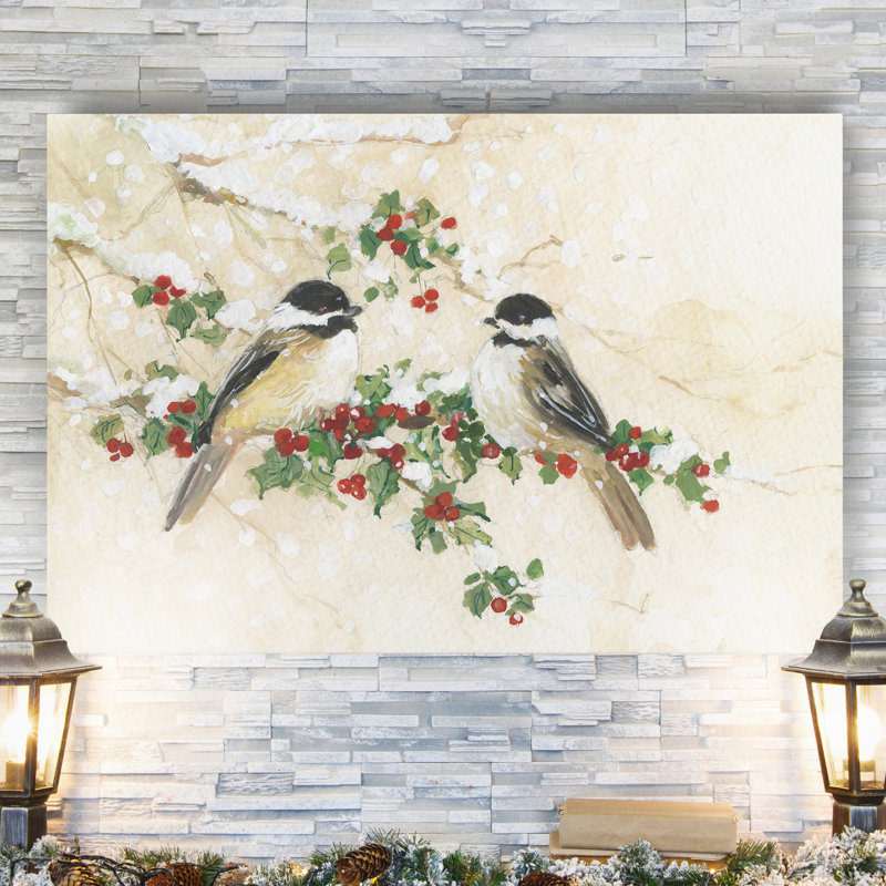 Chickadees and Holly - reproduction d'art sur toile tendue, H 32 po x l 24 po x P 1 po