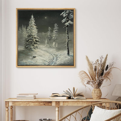 Winter Snow Pine Tree Forest Rustic Countryside Vintage Moody Decor Framed Canvas Print Wall Art