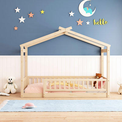 Lit simple «House House - Structure en bois naturel avec clôture et aire de repos confortable