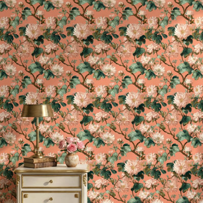 Papier peint floral, décoration murale amovible vintage pêche