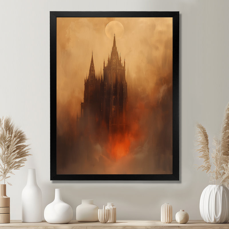 «Grey Orange Winter Mystic Moon On Dracula Caslte», art mural châteaux, Black Floater Framed, H 34 po x l 44 po