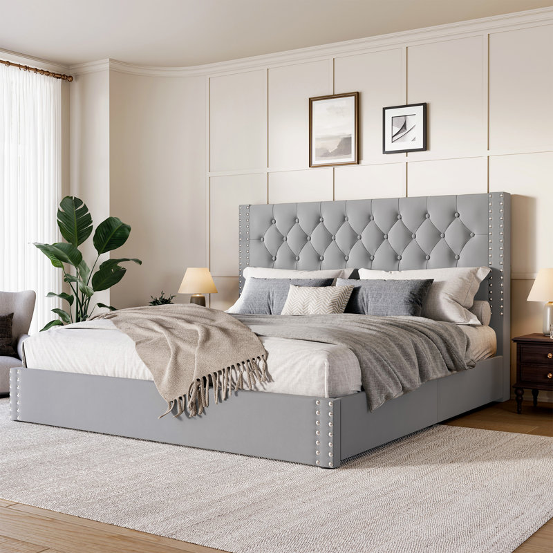 Upholstered Platform Bed With Storage Drawers, King, Bluish Gray
