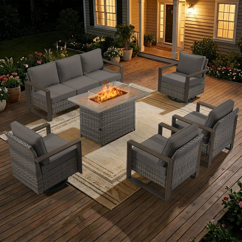 6-Piece Outdoor Wicker Frame Armrest Fire Pit Set With Swivel Chairs And Armchairs, Gray, Gray
