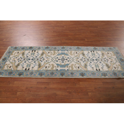 Tapis de couloir oriental ivoire et bleu clair Oushak 3 x 8