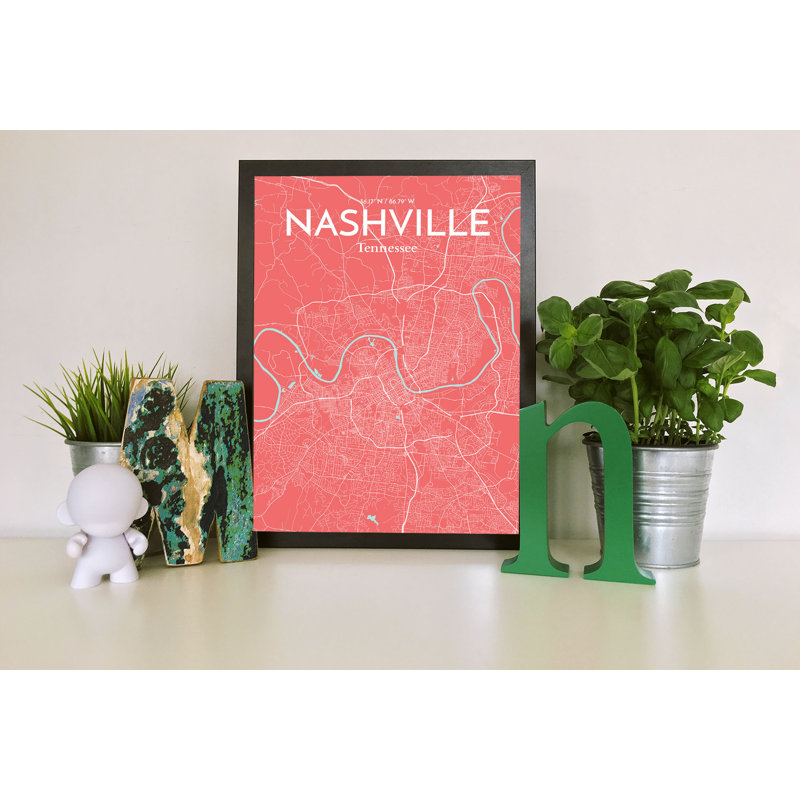 Carte de la ville de Nashville - reproduction d'impression sur papier, H 17 po x l 11 po