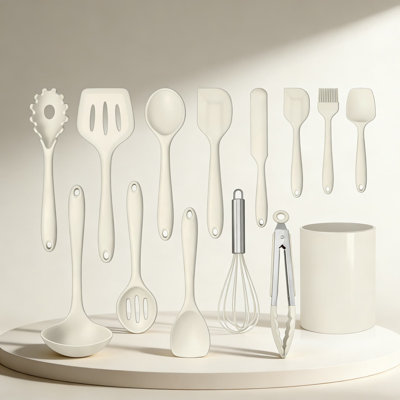 14-Piece Silicone Kitchen Utensil Set With Holder, Heat Resistant & Dishwasher Safe Non-Scratch Cooking Tools Including Spatula, Spoon, Turner, Whisk, Tongs