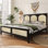 Grand lit plateforme en bois avec décoration tête de lit et pied de lit en rotin naturel, couleur noire et beige