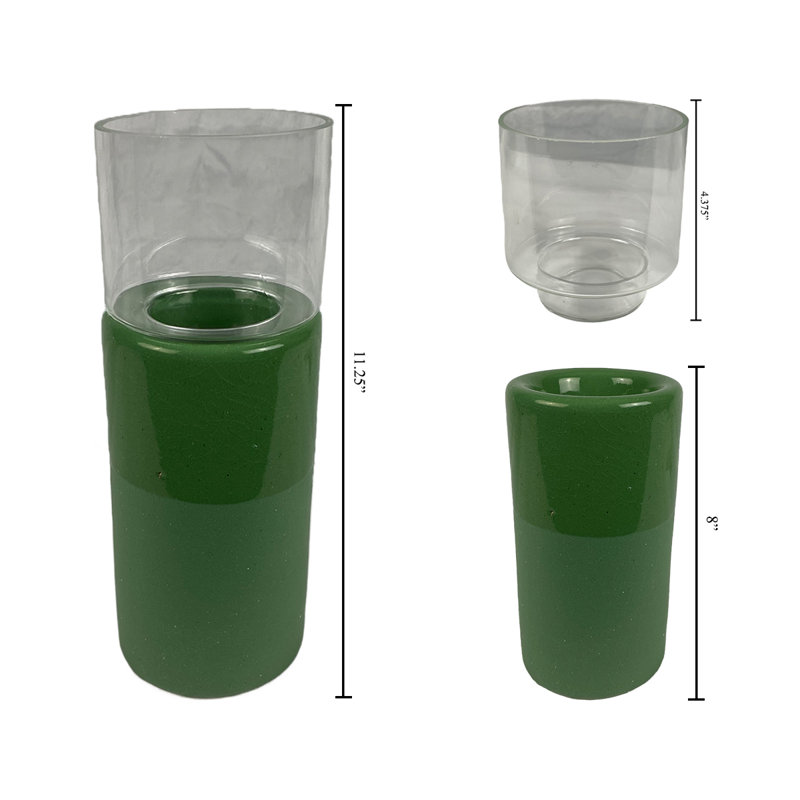 Bougeoir en verre et en céramique, Vert, H 11,5 po x l 4,25 po x P 4,25 po