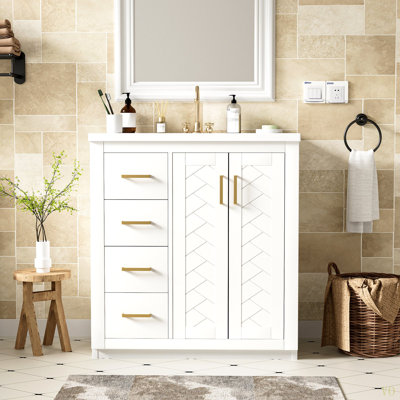 Ensemble de meuble-lavabo 30 po avec lavabo en céramique, armoire de rangement en bois massif, ensemble de meuble-lavabo autoportant avec 3 tiroirs à fermeture en douceur