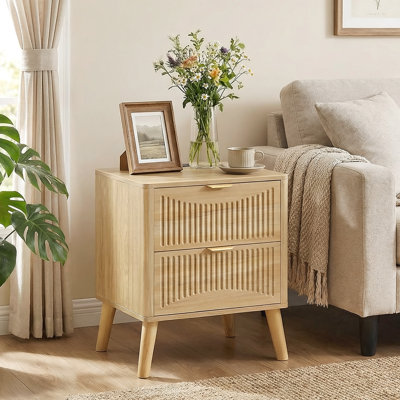 Wood Nightstand With Charging Station, Fluted Bedroom Nightstand, Bedside Table Chest