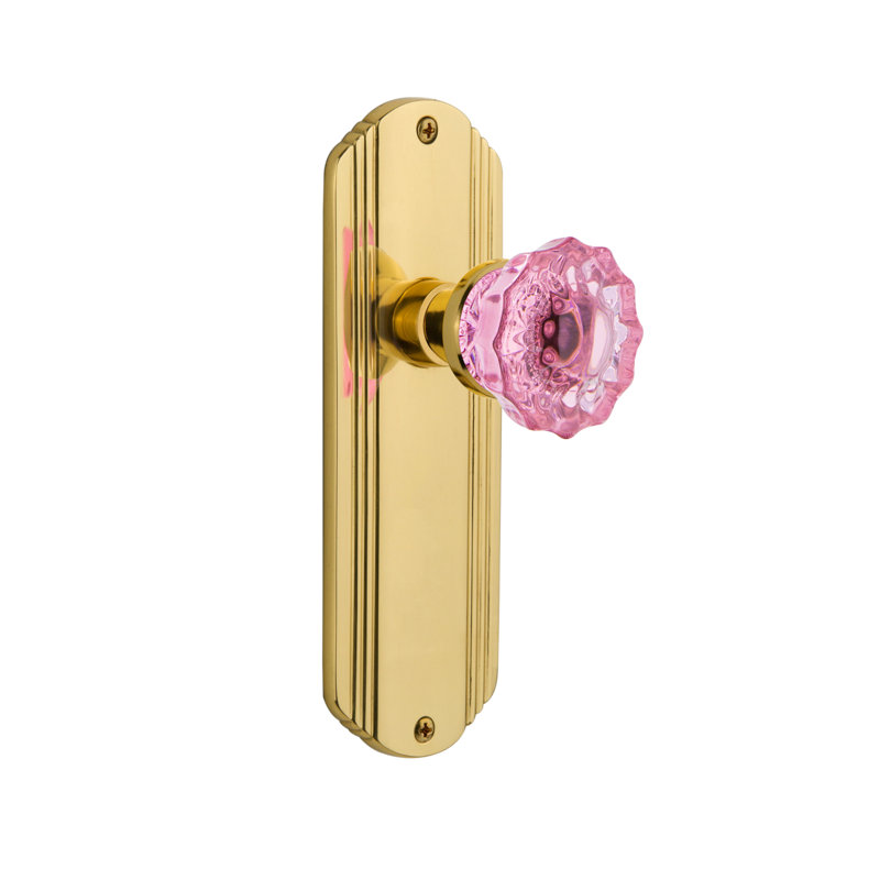 Plaque décorative avec bouton de porte rose cristal, 2 3/8, Laiton poli