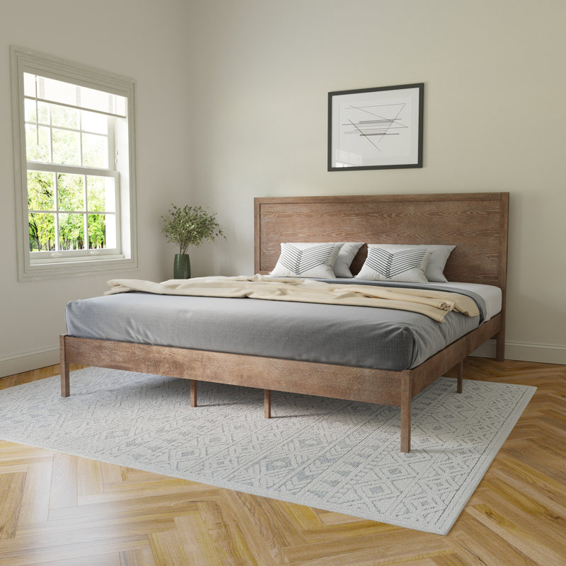 Eymen Modern Solid Wood Platform Bed with Wooden Slats and Headboard, Light Brown, King