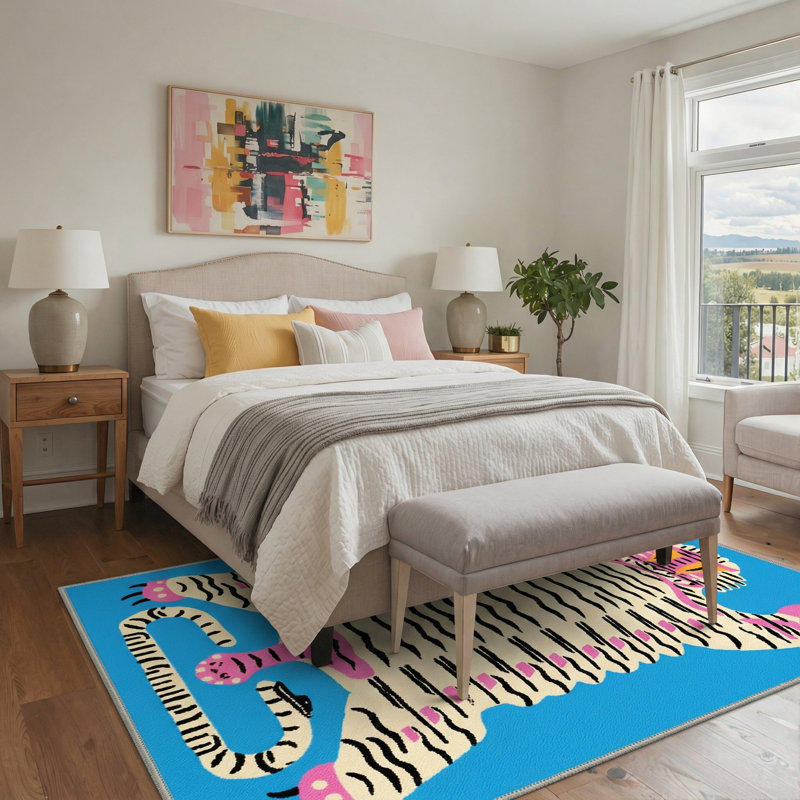 Kai Tiger Animal Print Machine Washable Blue / Pink / Beige Indoor Area Rug with Non-Slip Backing, Rectangle 5' x 7'