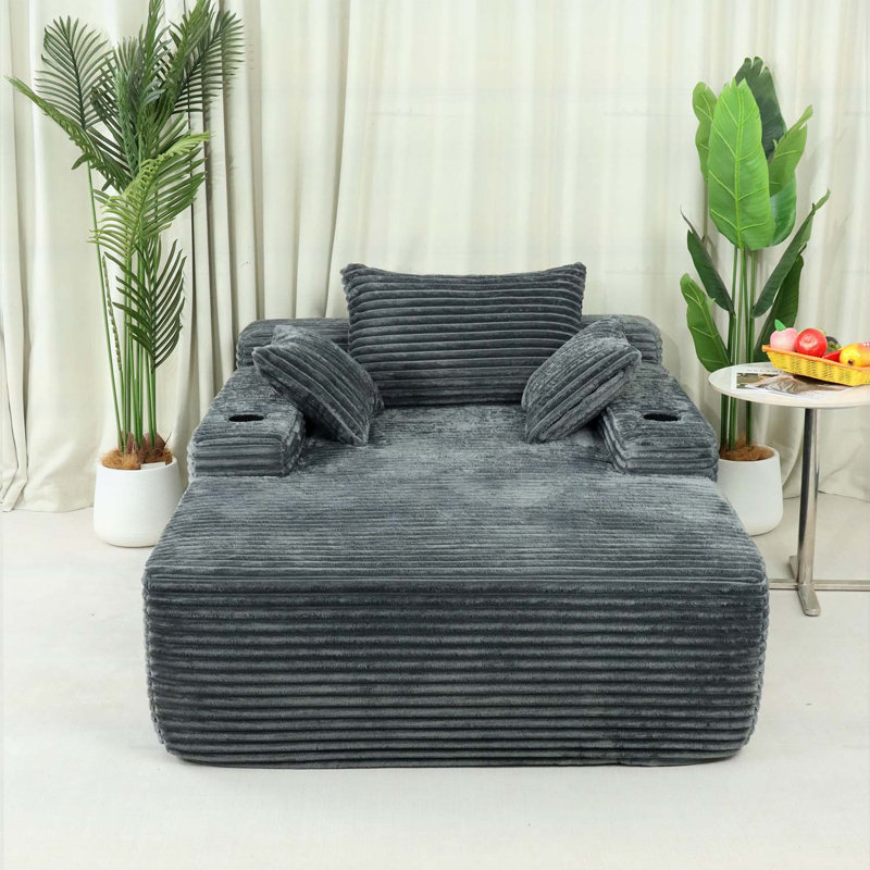 Méridienne convertible moelleuse avec accoudoirs larges, coussins décoratifs et porte-gobelet, canapé-lit douillet pour le salon et la chambre à coucher, sans assemblage requis, gris