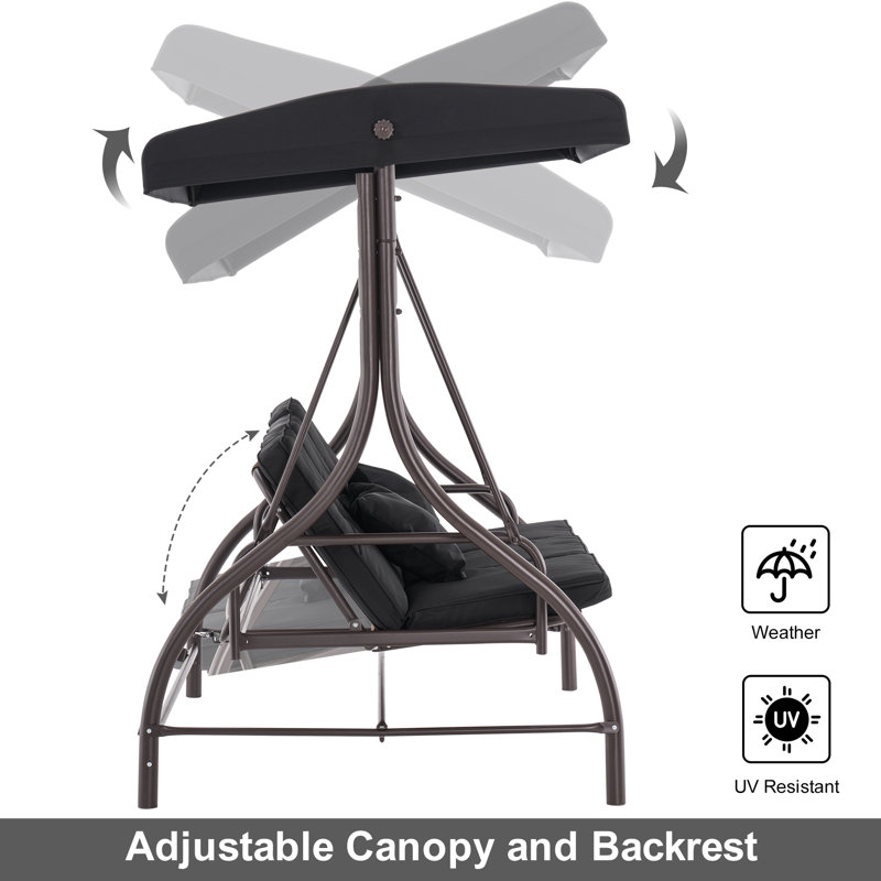 Black 3-Seat Outdoor Patio Swing Chair with Adjustable Backrest