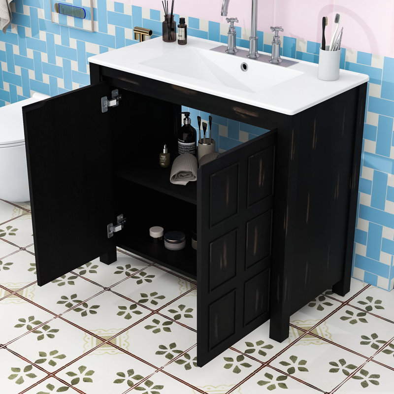 Meuble-lavabo de salle de bain avec lavabo en céramique, tablettes de rangement et portes à fermeture en douceur, Espresso