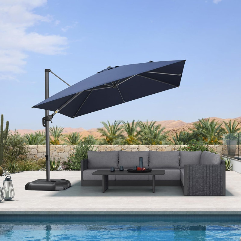 Grand parasol carré en porte-à-faux 10 pi avec base et rotation à 60 degrés, Marine