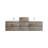 Double bathroom vanity with a light brown wood grain finish and white acrylic top with two sinks and chrome faucets.